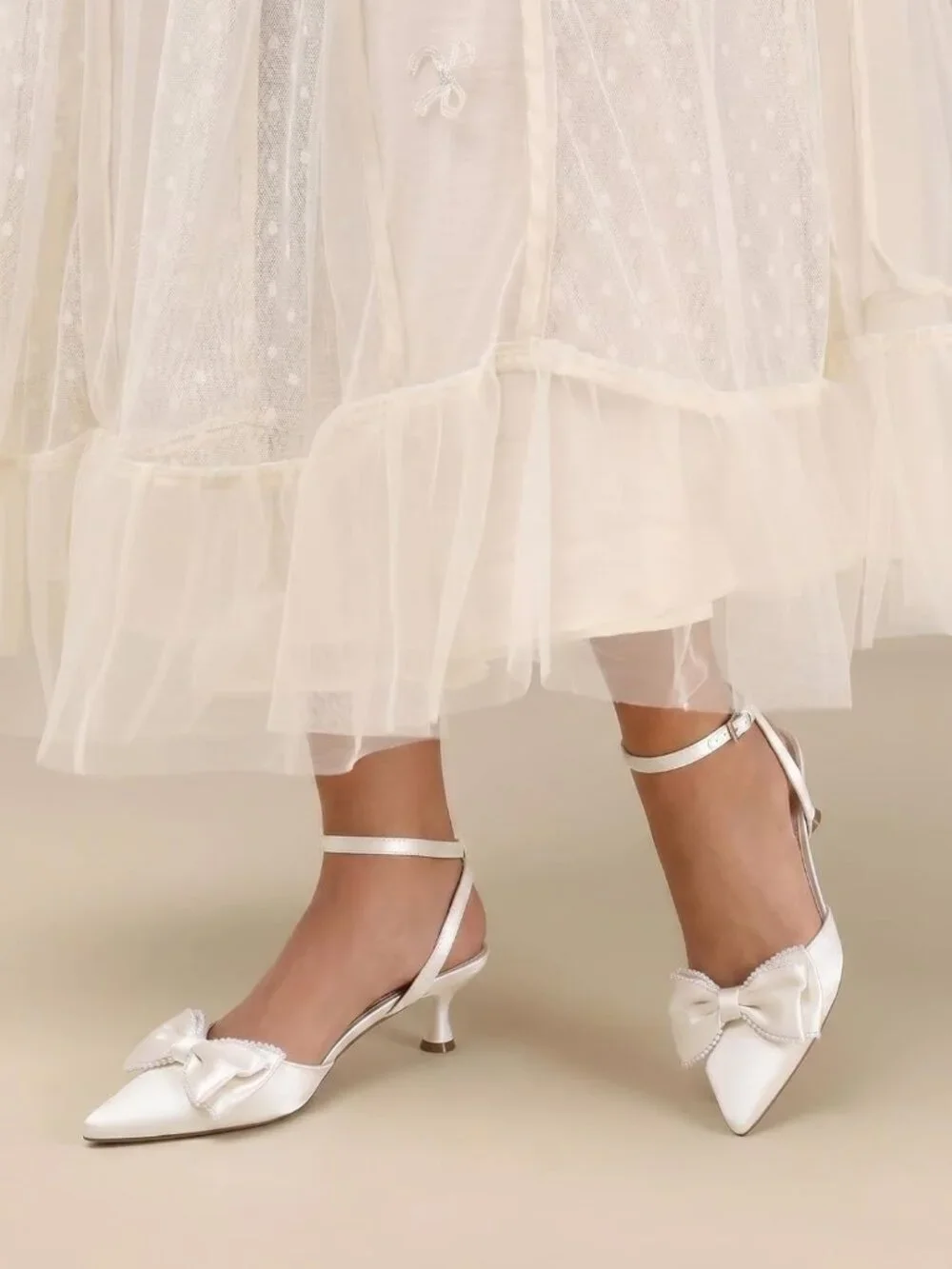 Women's White Satin Kitten Low Heels Bow Pearl Closed Pointed Toe Ankle Strap